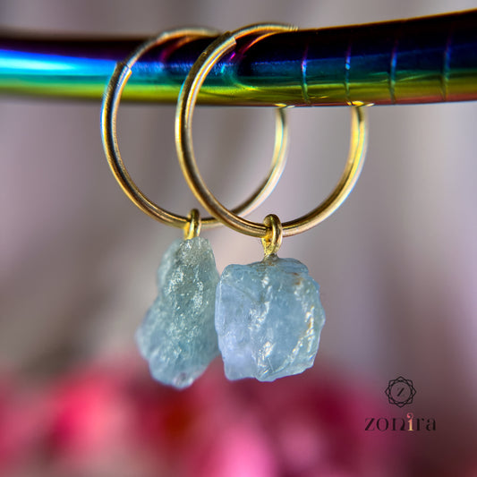 Raw Aquamarine Gemstone Dangle Hoop Earrings Luna Tide | Crystal hoop  earrings, Dangle hoop earrings, Crystal hoops