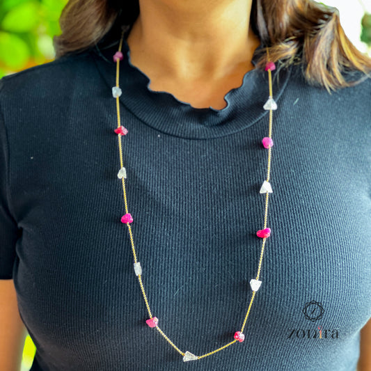 Ecstacy Silver Necklace - Raw Ruby & Rose Quartz Gold