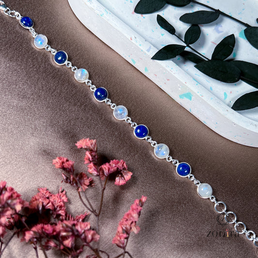 Angrai Silver Bracelet - Lapis Lazuli & Rainbow Moonstone