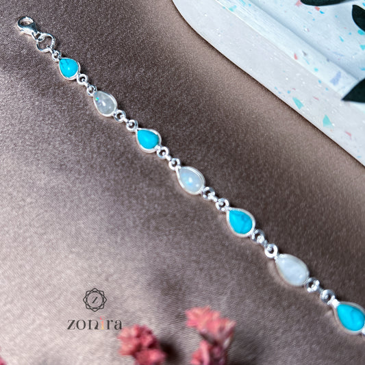 Angrai Silver Bracelet - Rainbow Moonstone & Turquoise