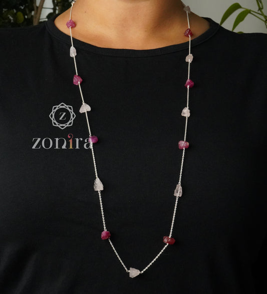 Ecstacy Silver Necklace - Raw Ruby & Rose Quartz