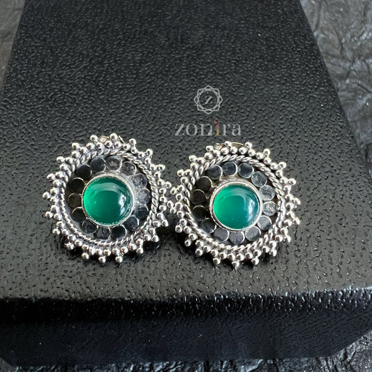 Lilah Oxidised Silver Studs - Green Onyx