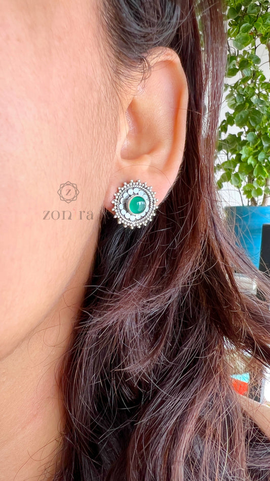 Lilah Oxidised Silver Studs - Green Onyx