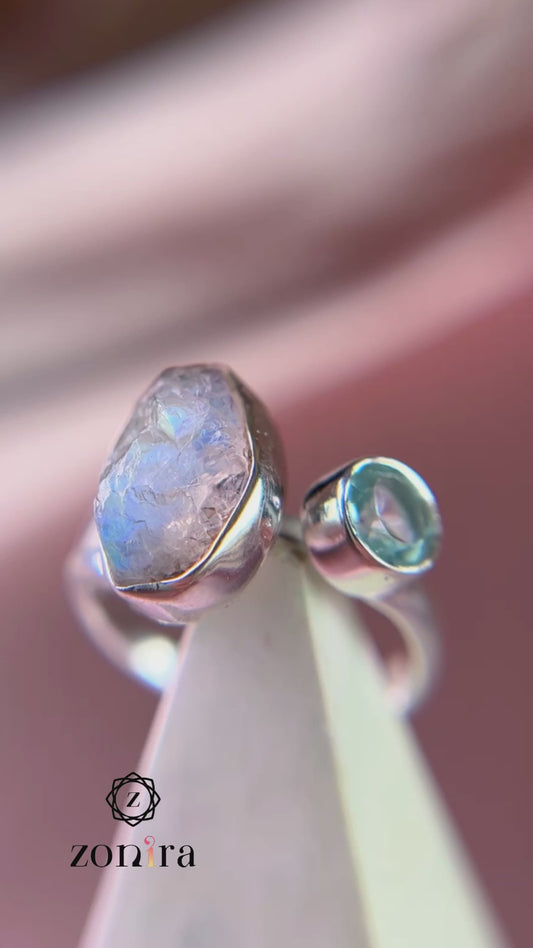 Sia Silver Ring - Rainbow Moonstone & Aquamarine